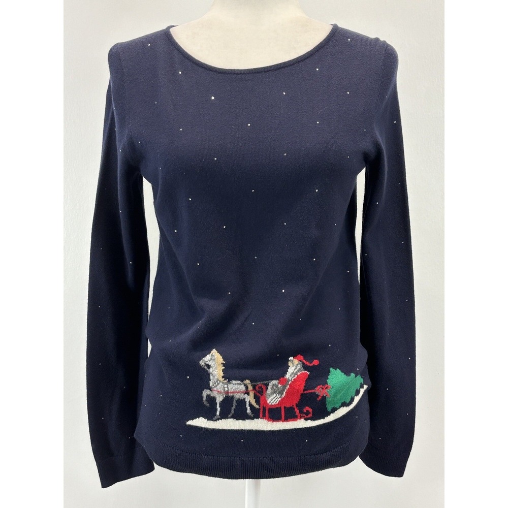 NEW Talbots Knit Sweater Womens XS Navy Winter Scene Sleigh Ride Christmas Santa